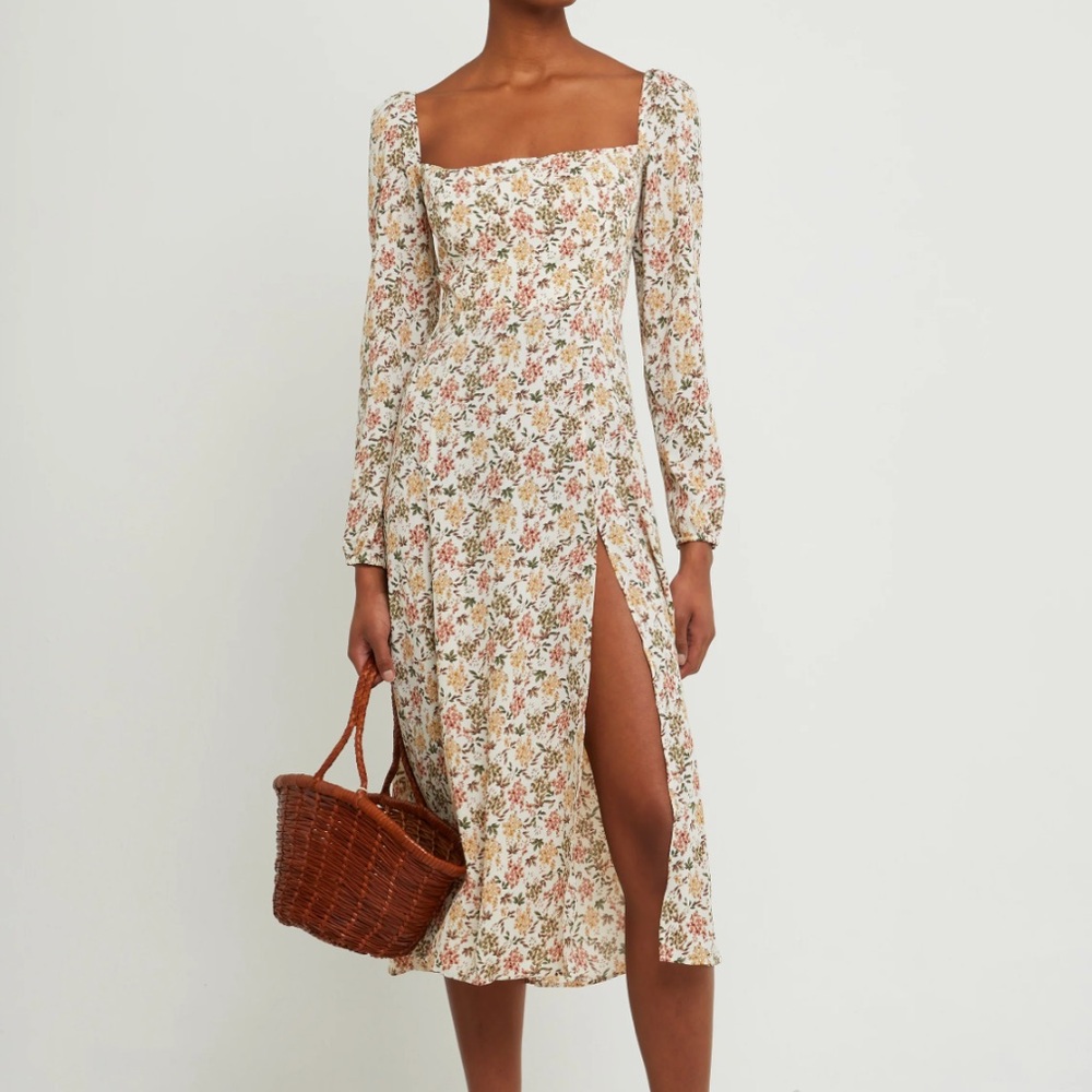 Long Sleeve Square Neck Queen’s Floral Midi Slit Dress XS